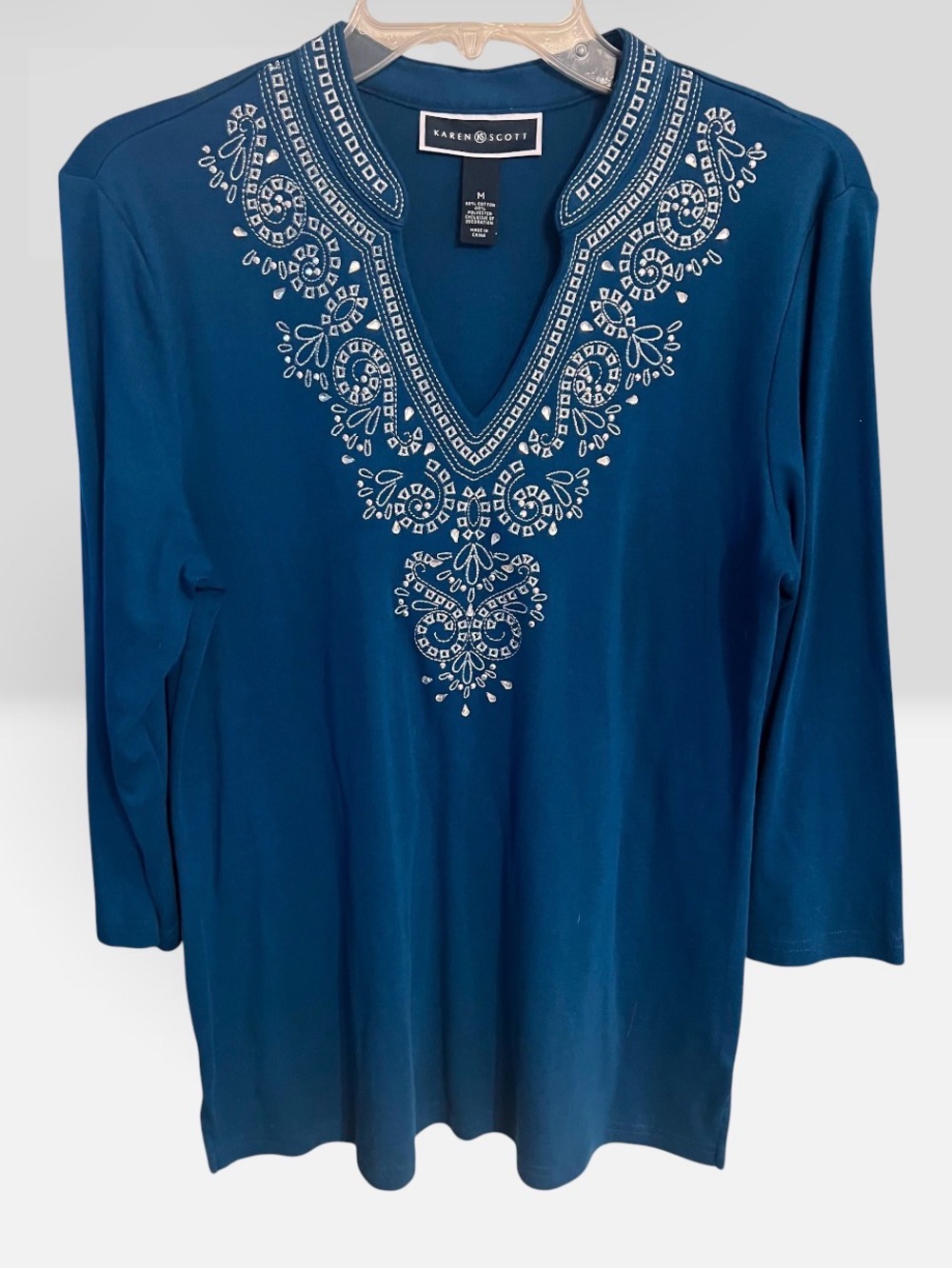 Karen Scott Deep Teal Embroidered V-Neck Long Sleeve Tunic